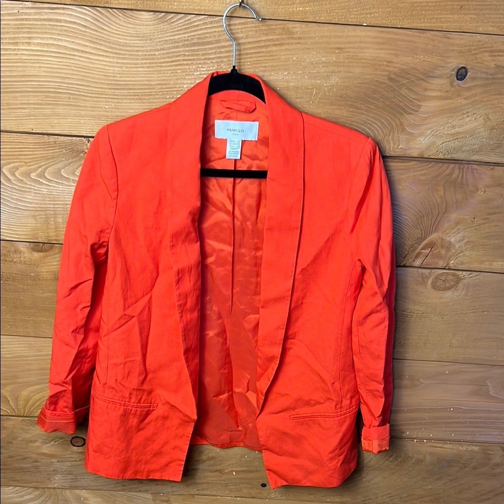Mango Orange Linen Blend Blazer Jacket Suit Women XS Oversized Chic outerwear
